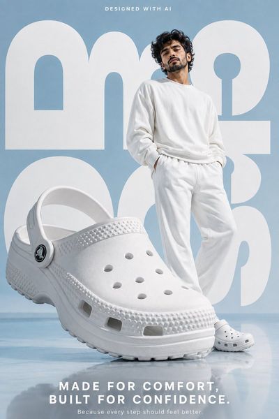 Young man in white clogs leans by oversized shoe in blue studio
