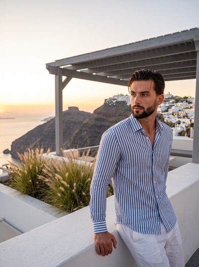 Golden Hour Serenity: Young Man Leaning on White Wall at Caldera