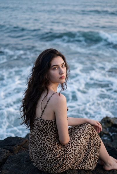 Woman in leopard print dress gazes over shoulder on moody coast