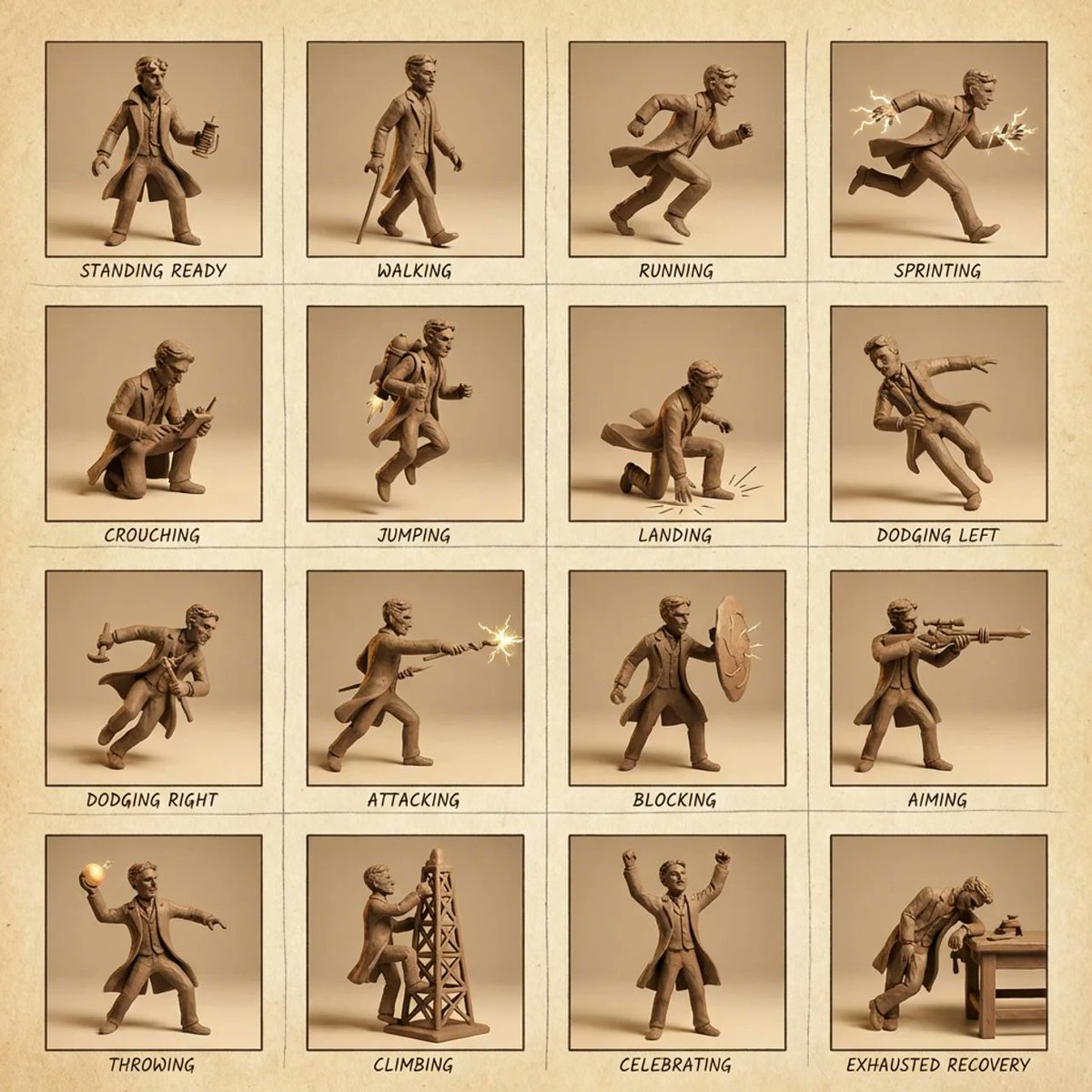 Tesla in Clay: 16 Dynamic Action Poses for an Action Game