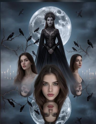 Dark Queen Rises Before Giant Moon in Gothic Fog