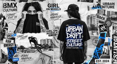 Tattooed BMX rider dominates layered streetwear collage poster