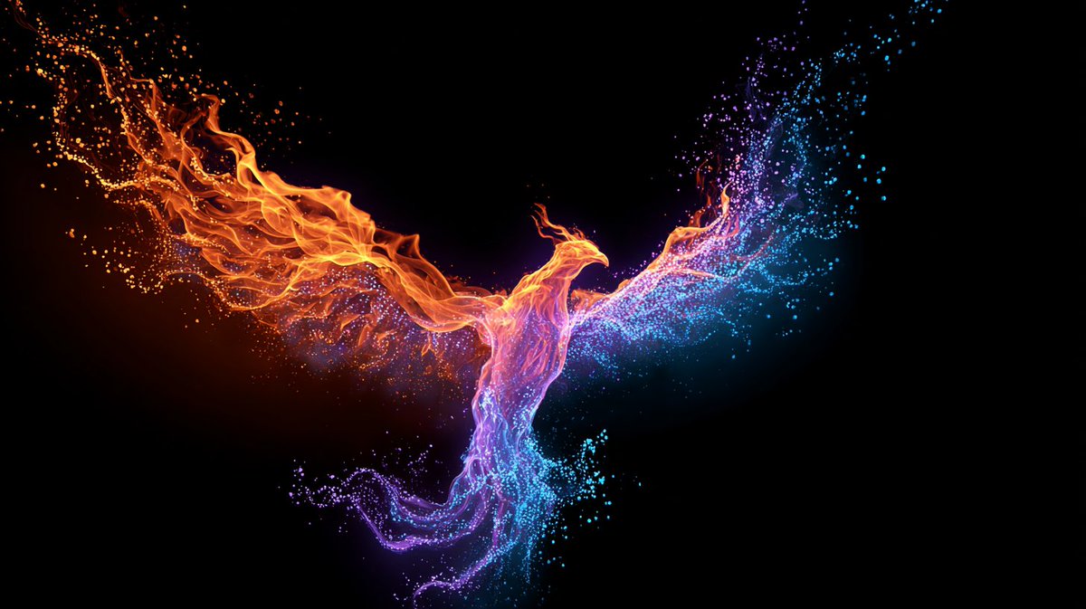 Pixelated Phoenix Rebirth in Fiery Orange and Electric Blue
