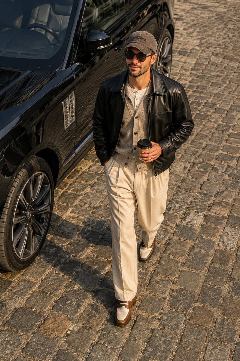 Confident man in beige strolls beside a glossy black SUV on cobblestones