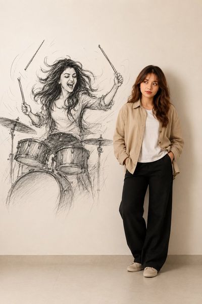 Young woman in casual attire poses with playful music doodles on wall
