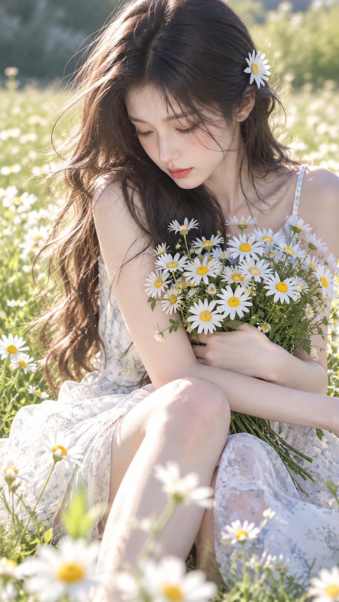 Sunlit girl in daisy field with dreamy backlight glow