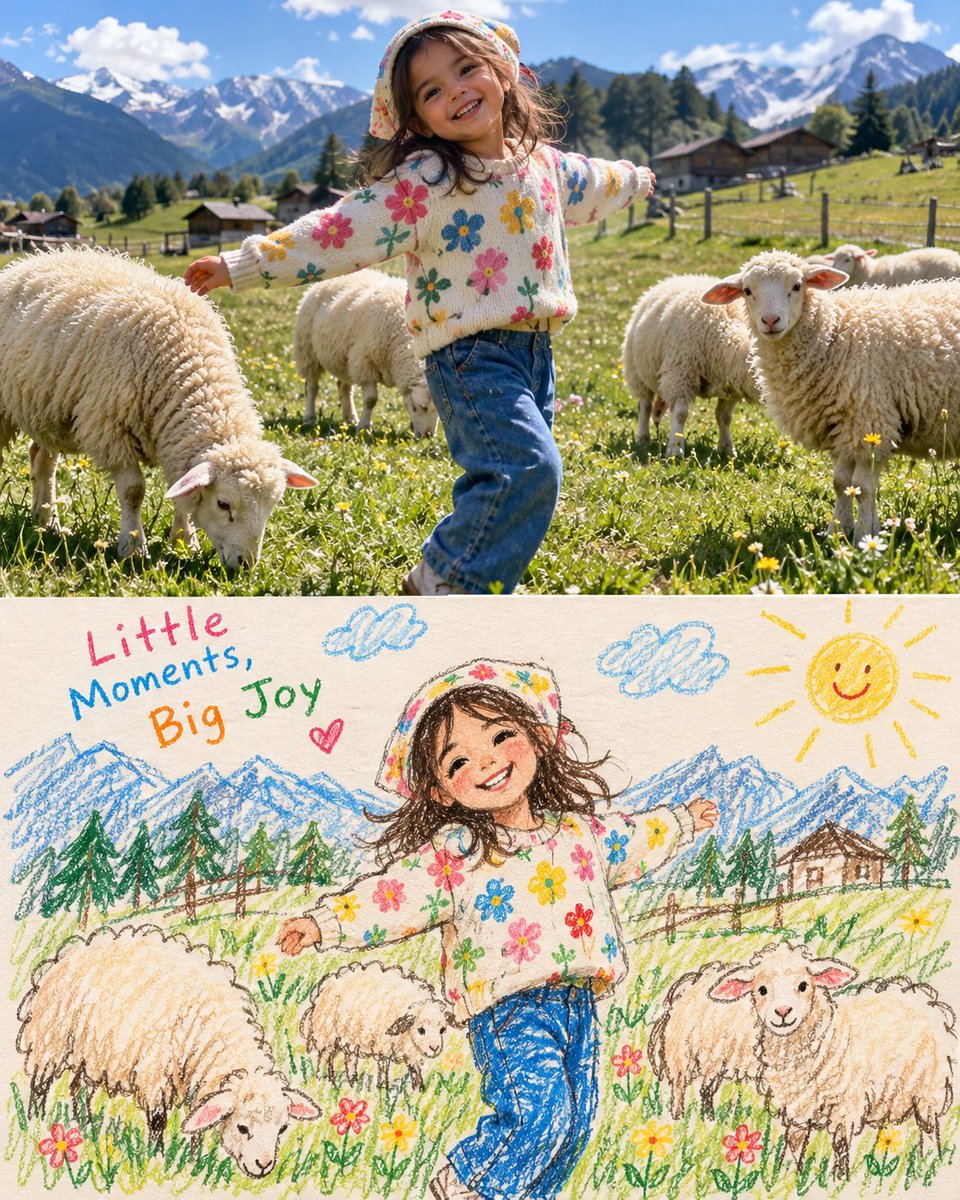 Child and Sheep in Sunlit Meadow with Crayon Drawing Below