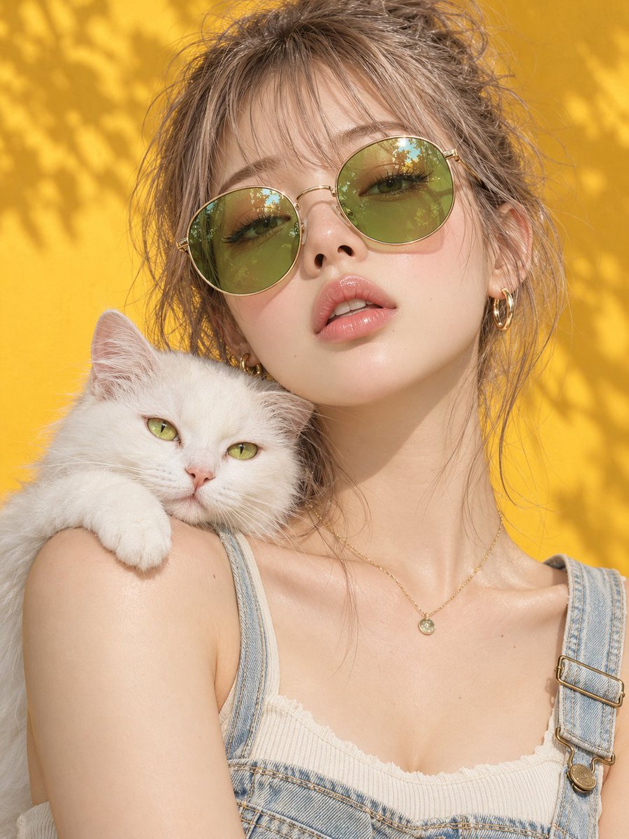 Woman with White Cat on Shoulder Before Yellow Wall