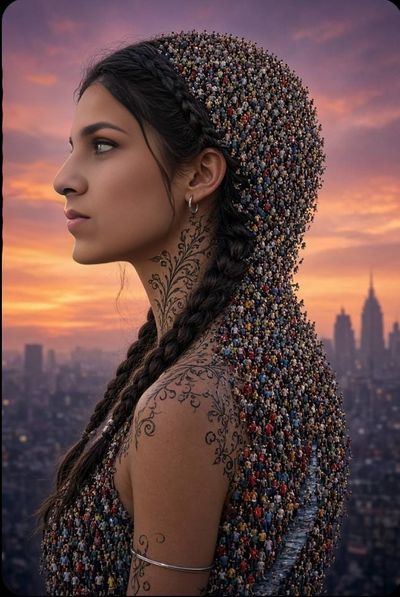 Surreal Woman of Crowds Gazes at Vibrant Sunset Cityscape