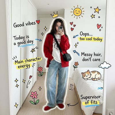 Woman poses for mirror selfie in cozy bedroom with doodles
