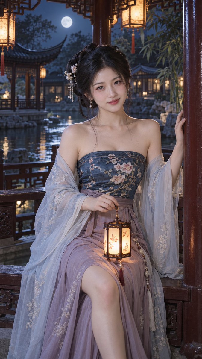 Moonlit Qing Pavilion Woman in Stone Blue Dudou and Gauze Robe