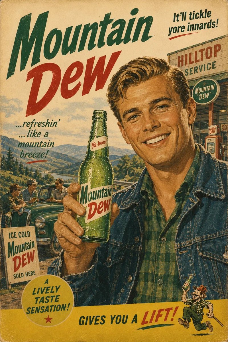 A smiling woman raises a frosty beer bottle in a vintage ad