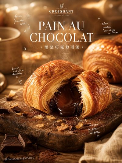 Warm molten chocolate flows from a freshly baked croissant