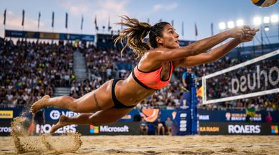 Brazilian volleyball player dives horizontally under harsh stadium lights
