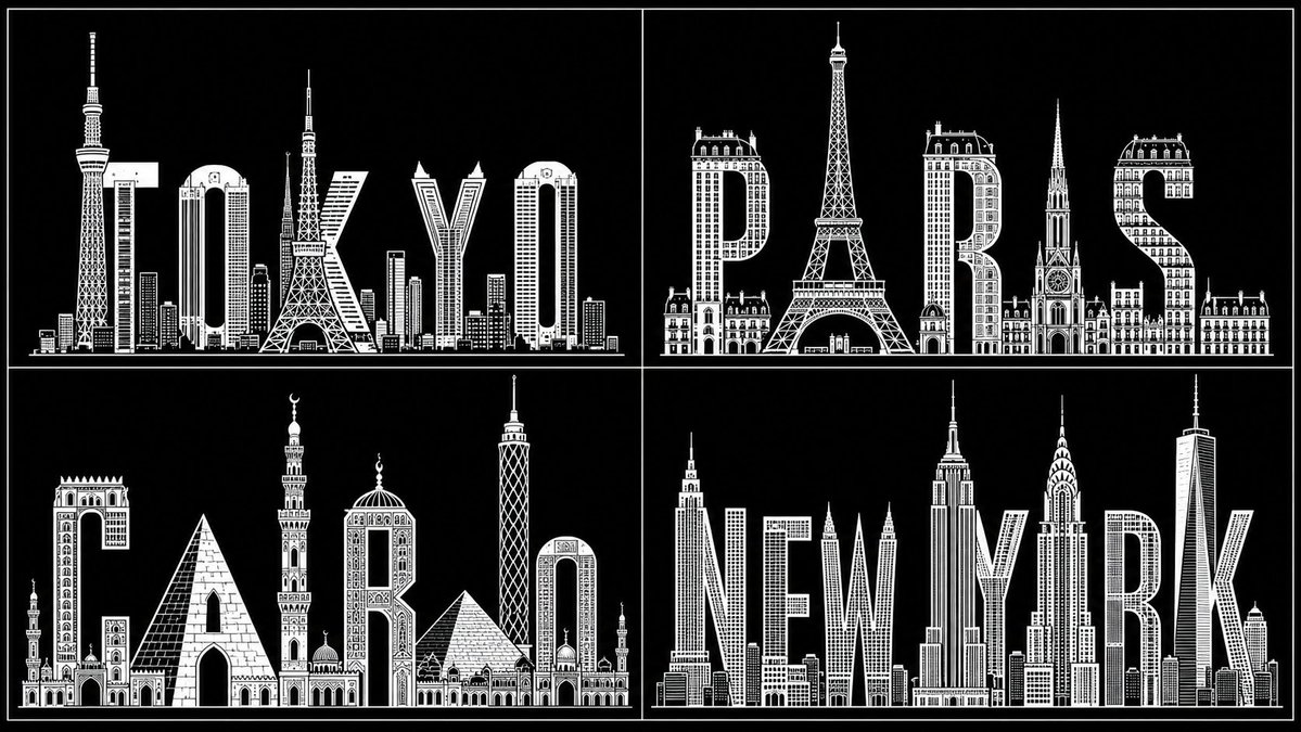 Black and white typography morphs into Tokyo skyline silhouette