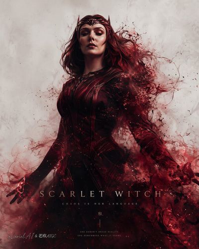 Scarlet Witch commands crimson chaos energy in a dark poster
