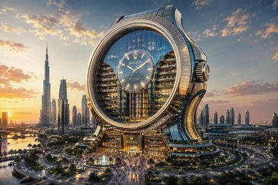 A titanium-alloy mega-structure rises as a futuristic global headquarters
