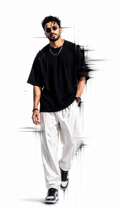A man walks forward in oversized black tee and white trousers