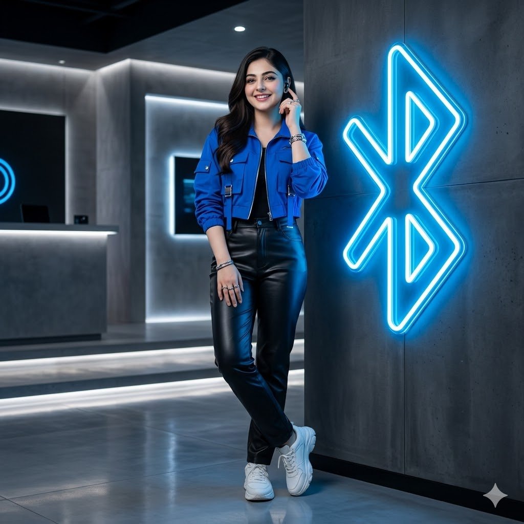 A confident woman touches her earbuds beside a glowing Bluetooth logo