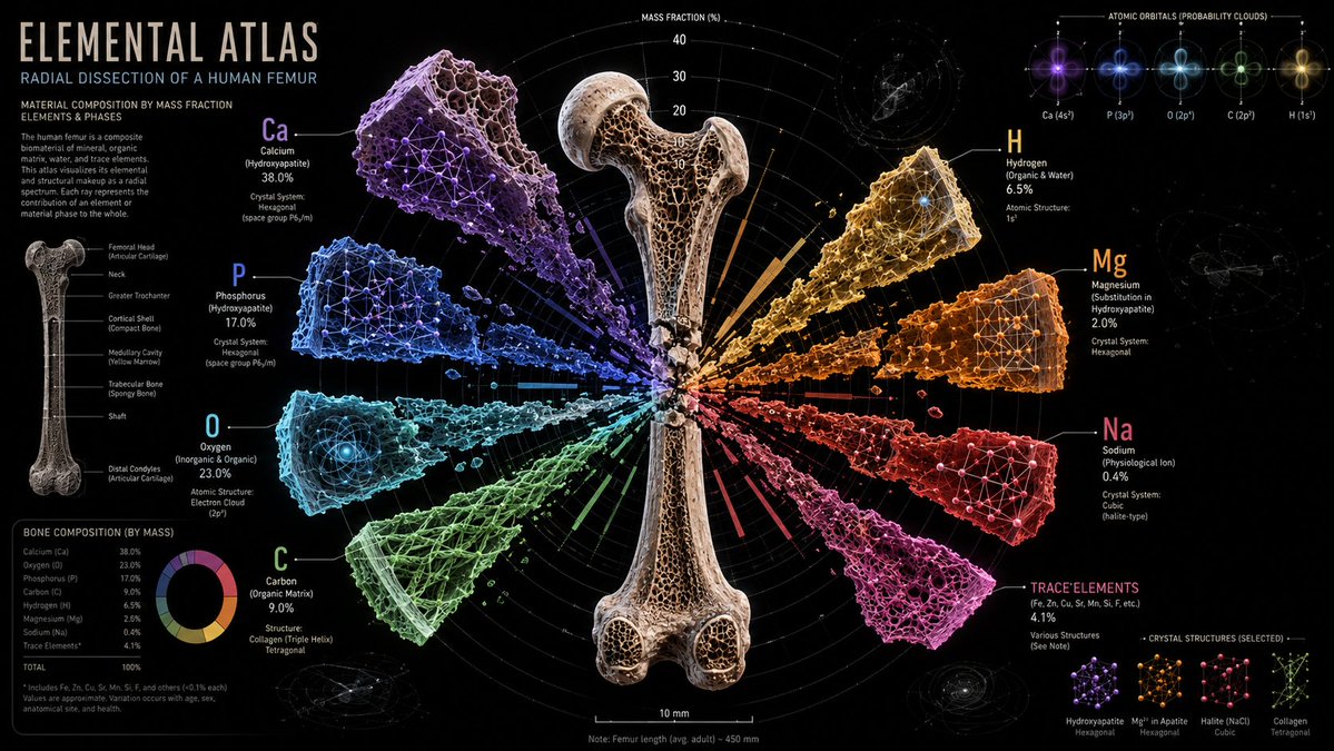 Human femur fractures into elemental spectral rays in deep void