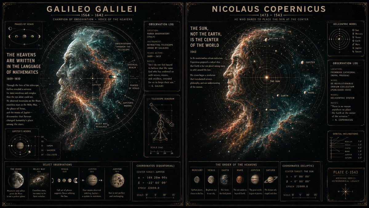 Galileo and Copernicus stand beneath a star-filled nebula