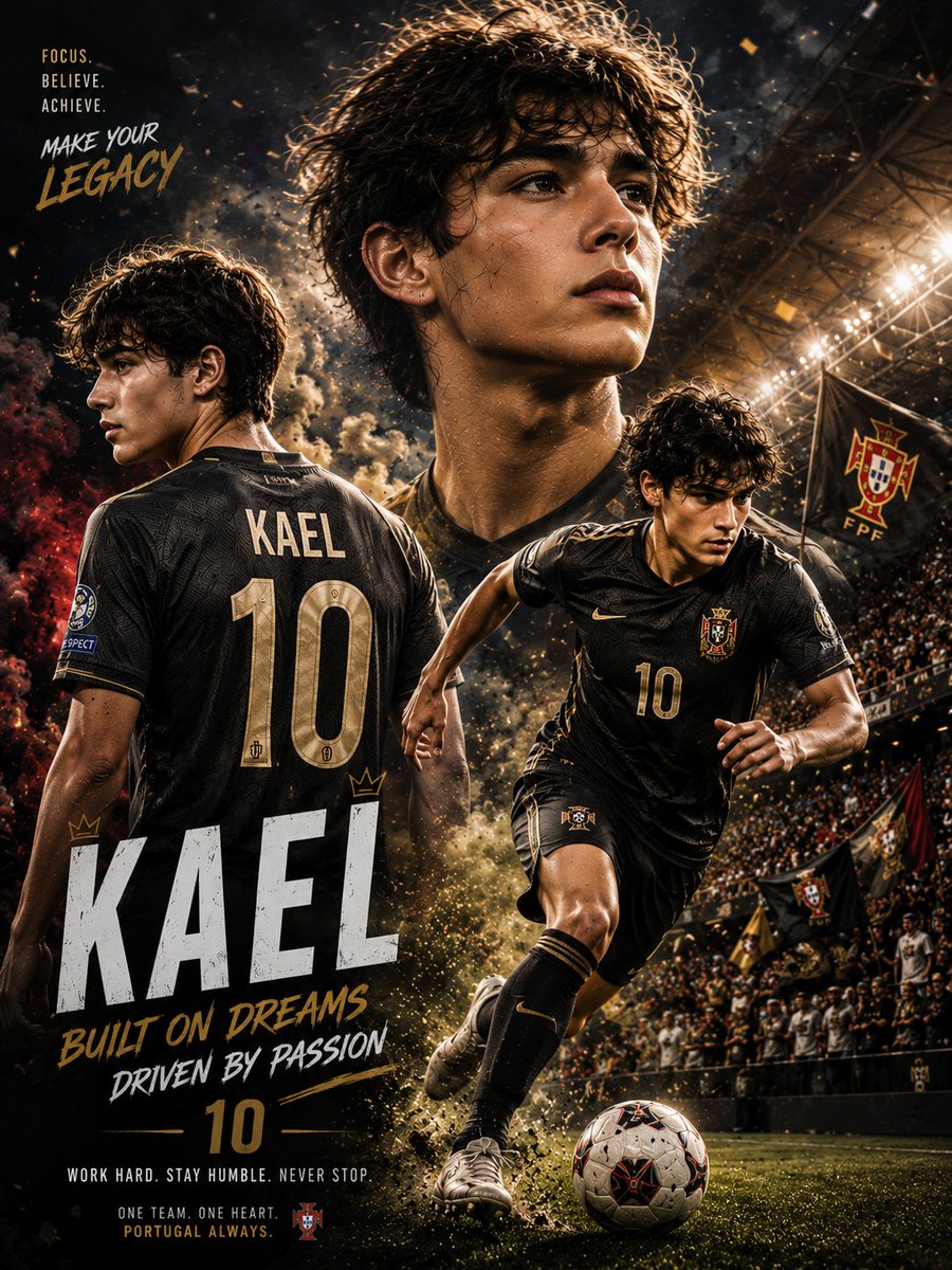 A football superstar stands tall in a dramatic triple-exposure poster