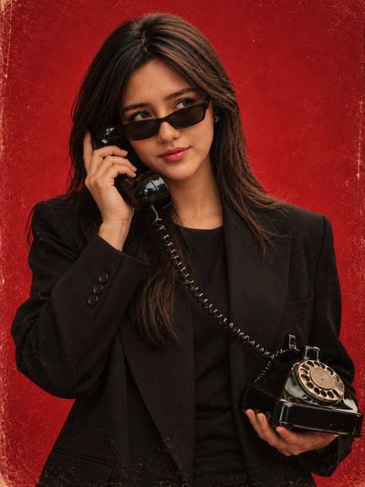 Woman in black blazer holds vintage phone against red grainy backdrop