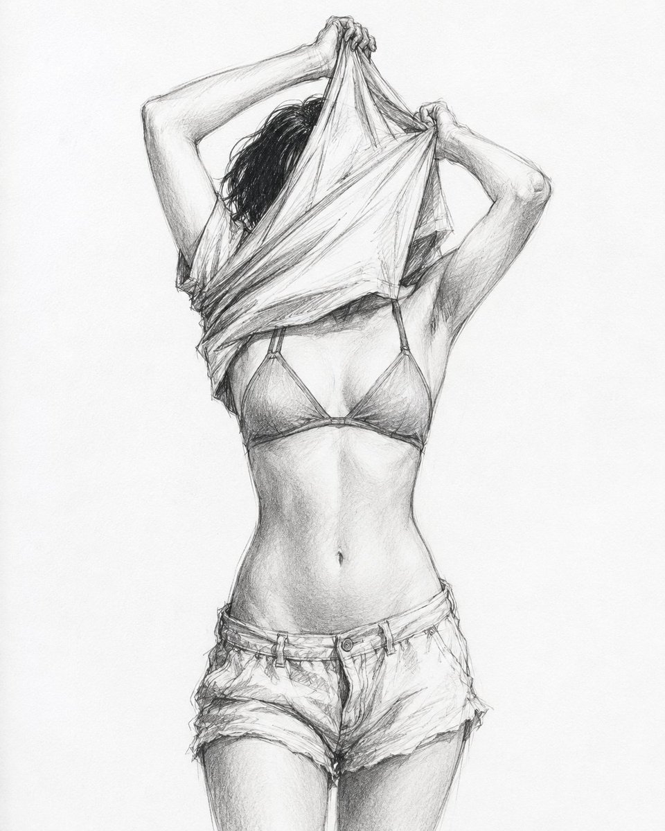 A woman lifts her shirt over her head in a rough pencil sketch