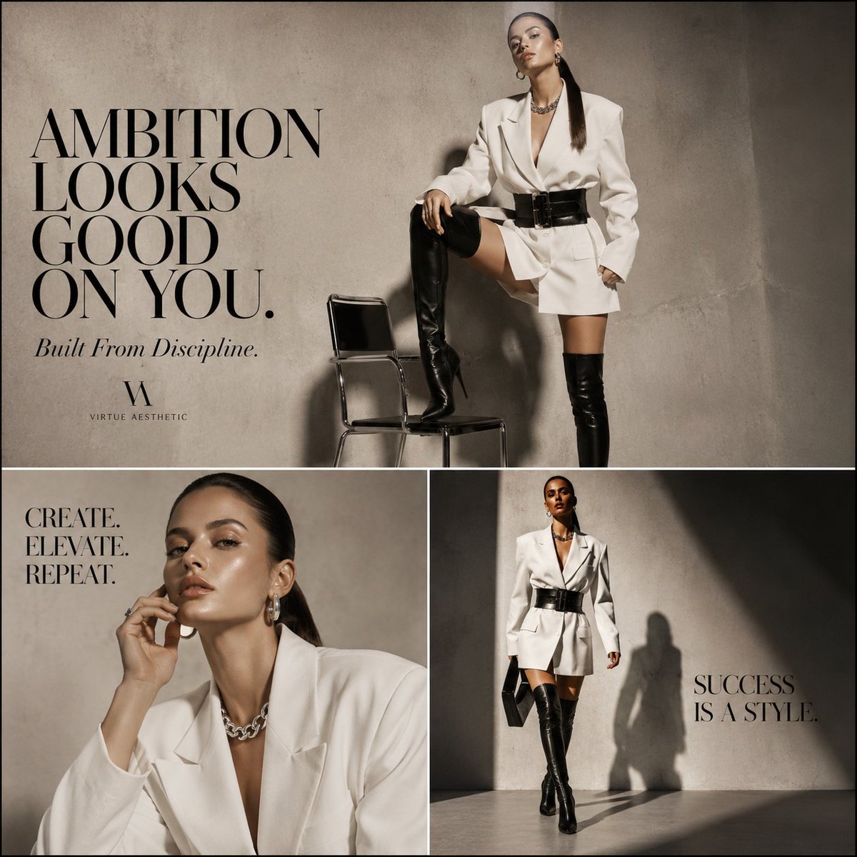 A confident woman poses in a white blazer on concrete backdrop.