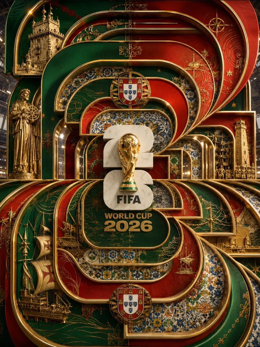 Golden Art Deco arches frame the FIFA 2026 trophy in a grand stadium