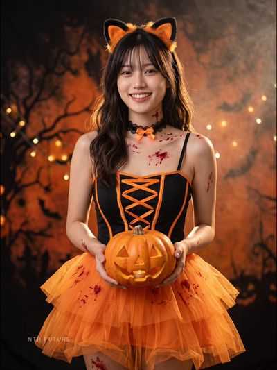 Cheerful Halloween Cat Ear Woman Smiles With Glowing Pumpkin