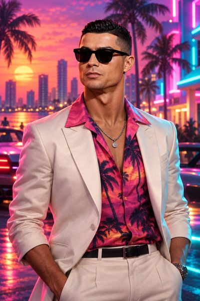 Neon-soaked Vice City 3D render of a confident retro character