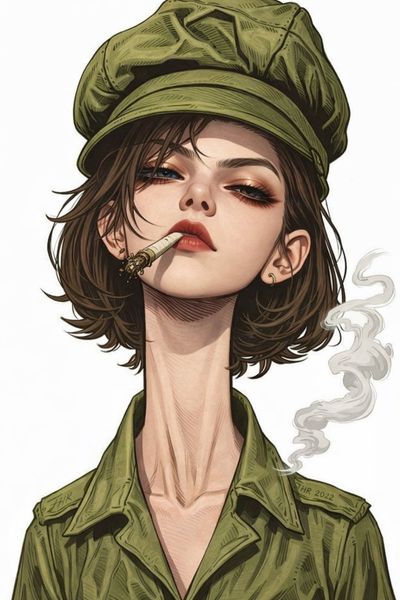 Stylized Caricature of a Bold Woman in Military Attire
