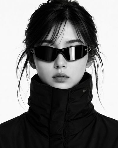A model in reflective sunglasses poses against a white backdrop
