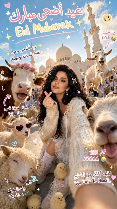 A cheerful woman takes a playful selfie with farm animals during Eid