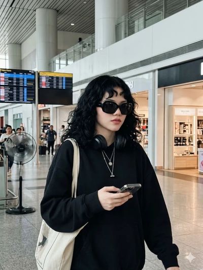 Young woman in black hoodie walks through airport terminal with coffee