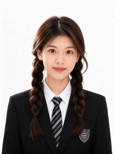 A student poses in a clean studio portrait with a blazer