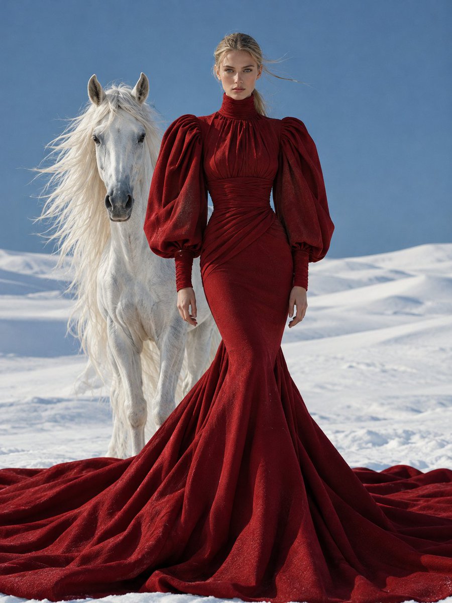 Crimson Queen Stands Regal in Vast Snow Desert With White Horse