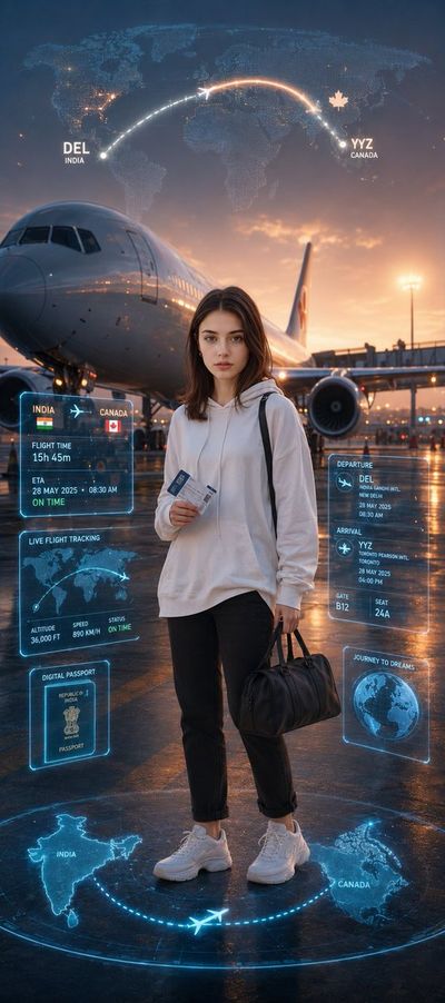 A confident traveler stands on a runway at golden hour
