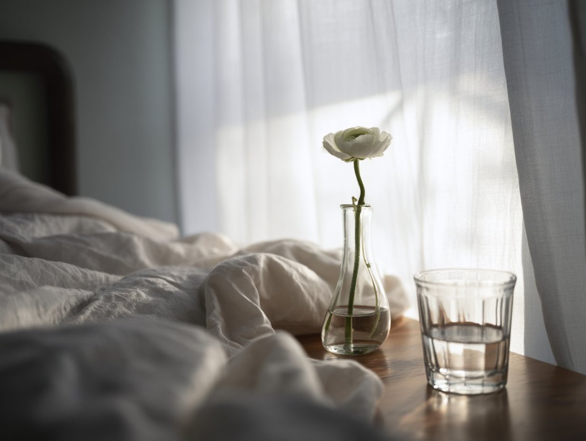 Tranquil Dawn: Product on Bedside Table in Soft Morning Light
