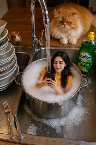 A tiny woman relaxes in a foamy pot under a running faucet