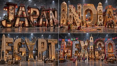 Massive 3D letters loom in warehouse as tiny figures climb and read