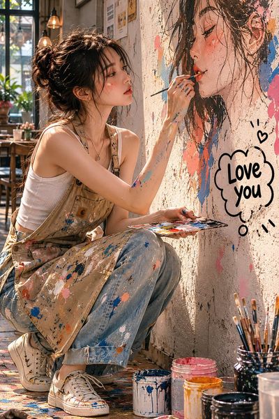 Artist paints her own portrait mural in a cozy café
