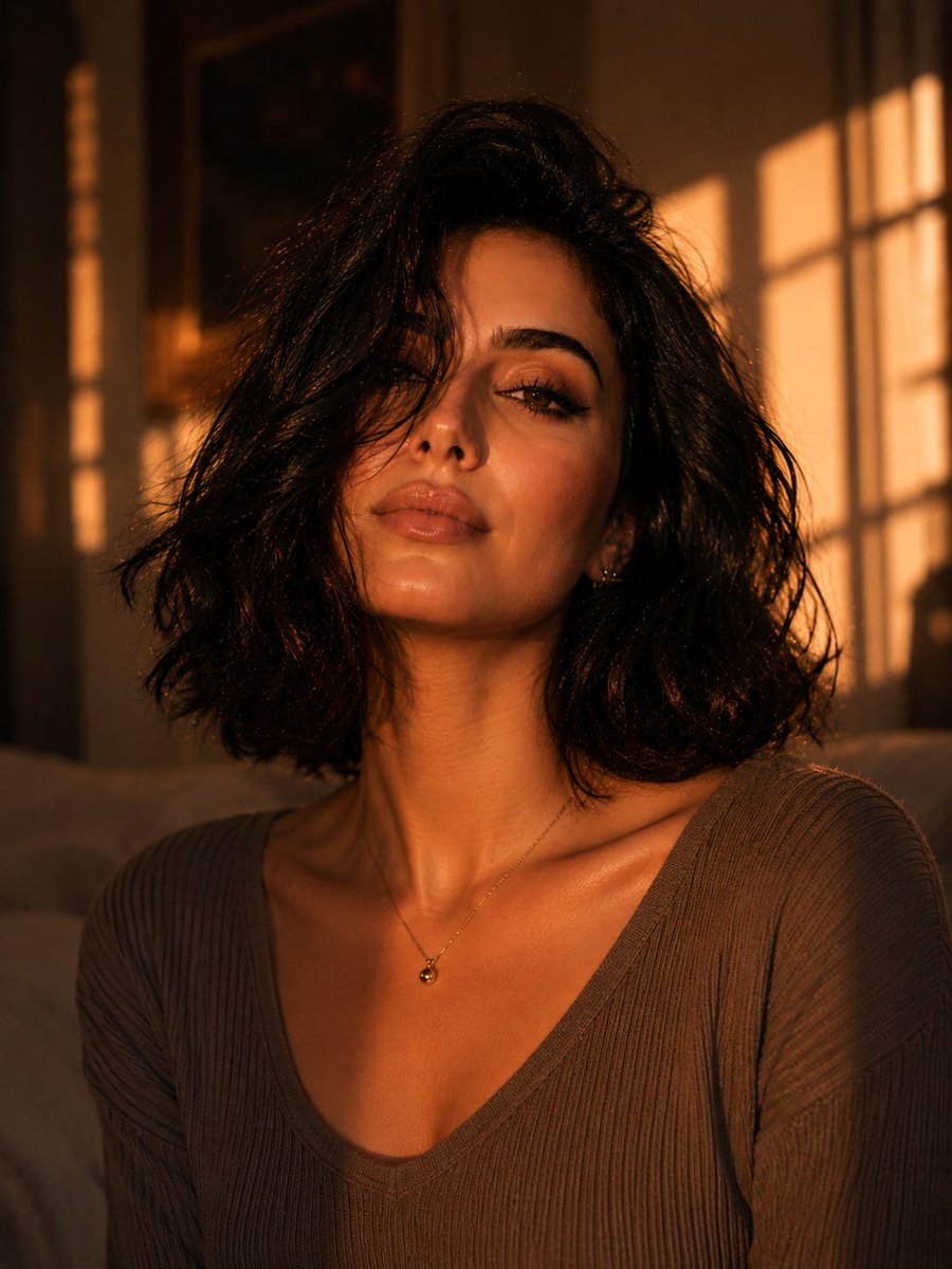 A woman with tousled hair basks in warm sunset light