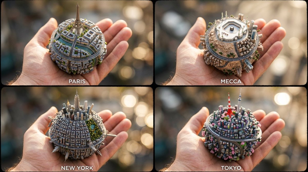 A hand holds four spherical cityscapes in a 2x2 grid.