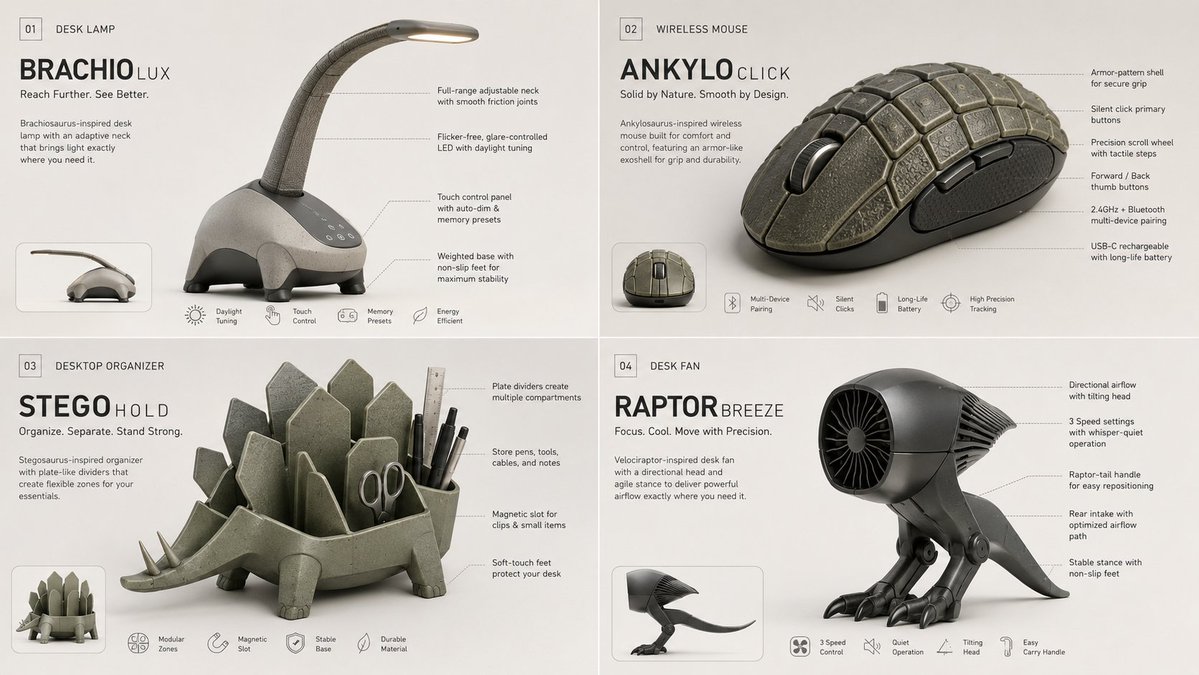 A desk lamp with a triceratops frill shade and adjustable neck