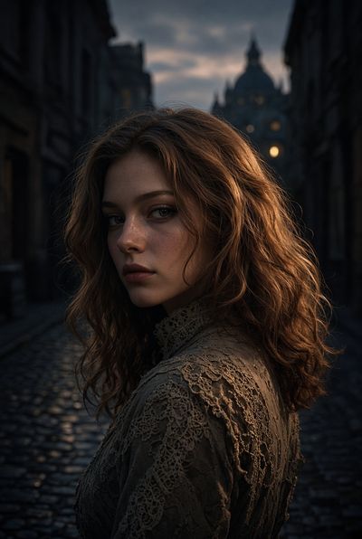 Mysterious Woman in Vintage Lace Gazing Down Cobblestone Street