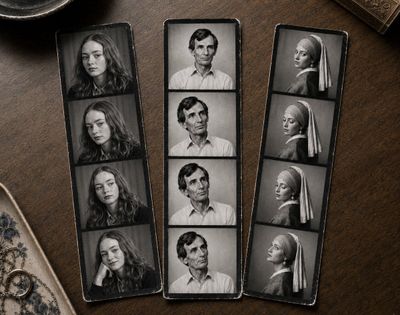 Vintage photobooth strips of a woman on aged wood desk