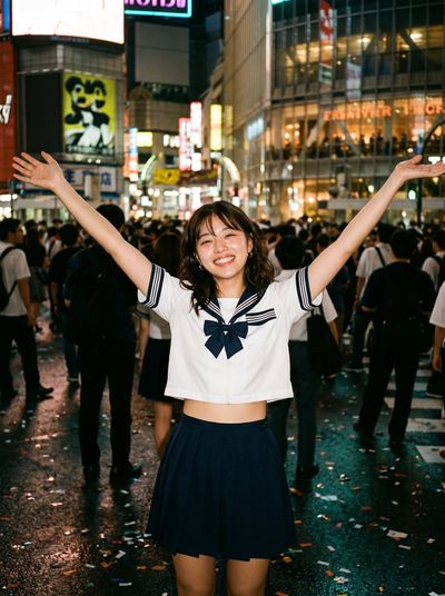 Joyful Woman with Arms Wide Open Embraces Neon Night in City