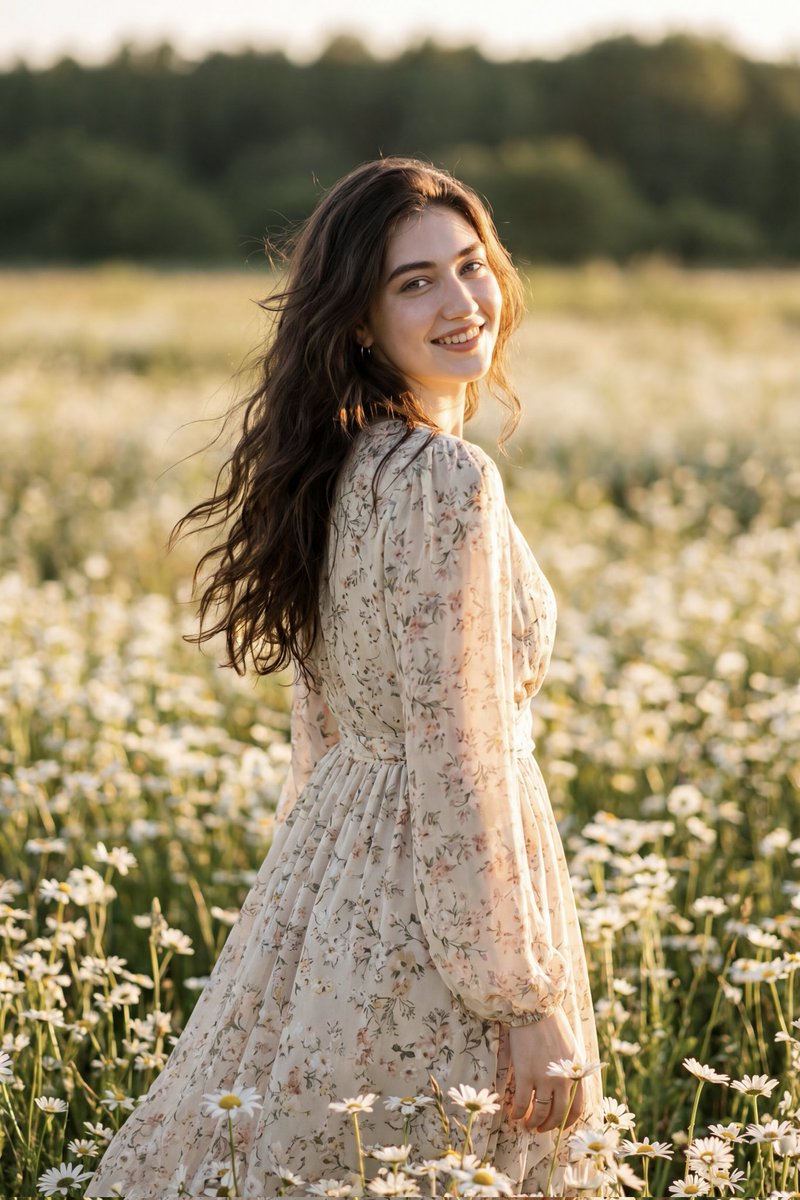 Golden sunset illuminates her smiling face in a daisy field